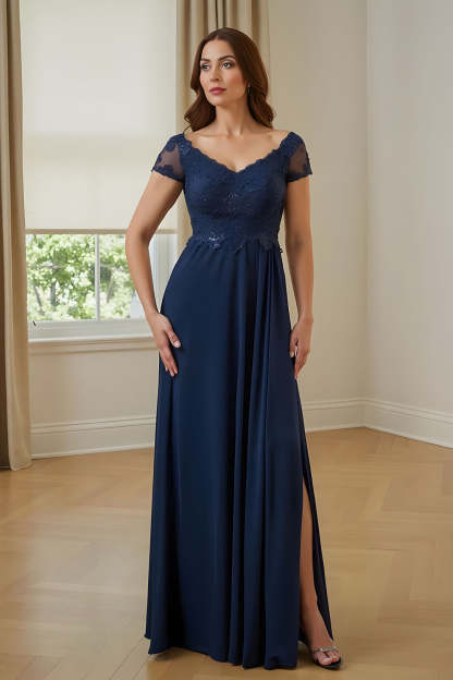 Leely Women Sheath V-Neck Navy Long Mother of the Bride Dress with Slit Appliqued Wedding Guest Dress with Lace