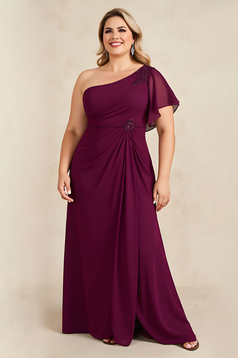 Leely Women Burgundy Sheath Long Plus Size Mother of the Bride Dress with Appliques One Shoulder Ruched Wedding Guest Dress with Sleeves