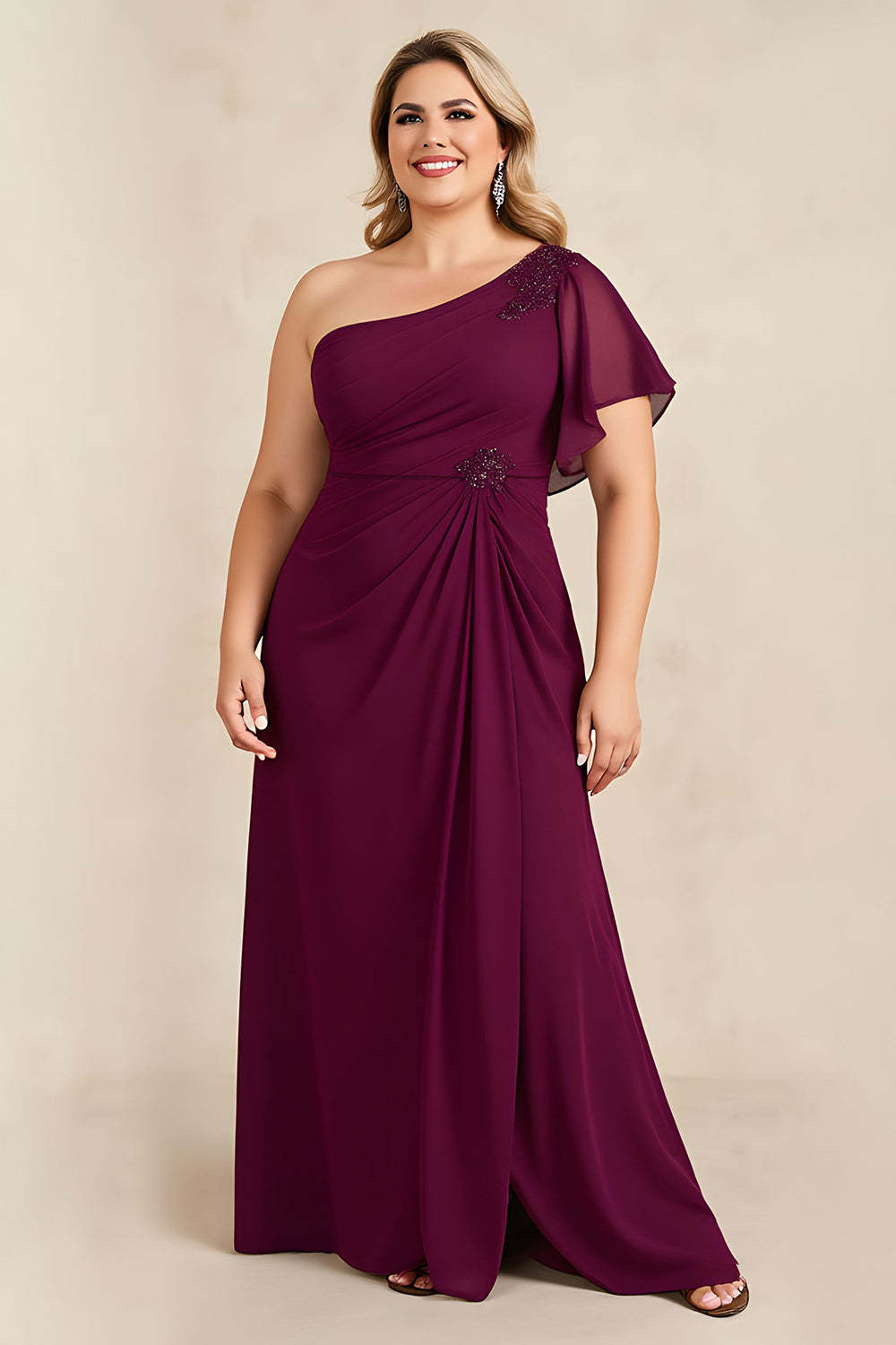Leely Women Burgundy Sheath Long Plus Size Mother of the Bride Dress with Appliques One Shoulder Ruched Wedding Guest Dress with Sleeves