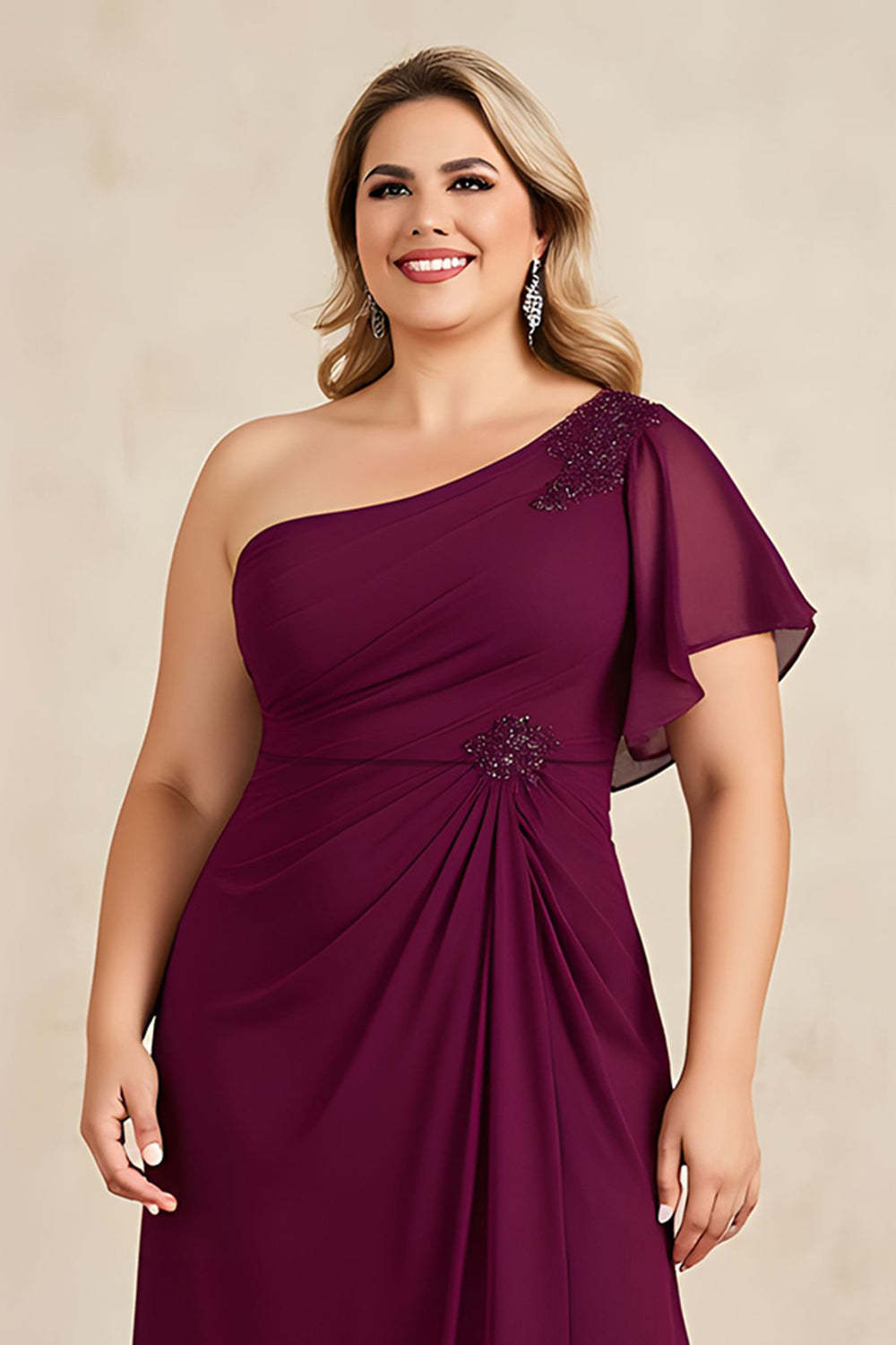 Plus Size Burgundy Ruched Sheath One Shoulder Long Mother of the Bride Dress