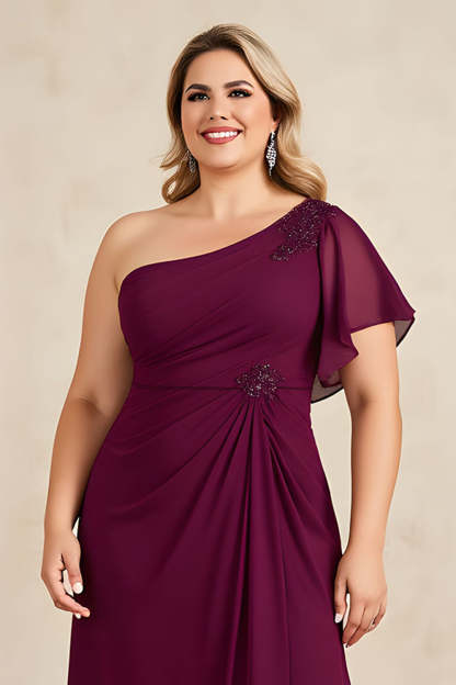 Plus Size Burgundy Ruched Sheath One Shoulder Long Mother of the Bride Dress