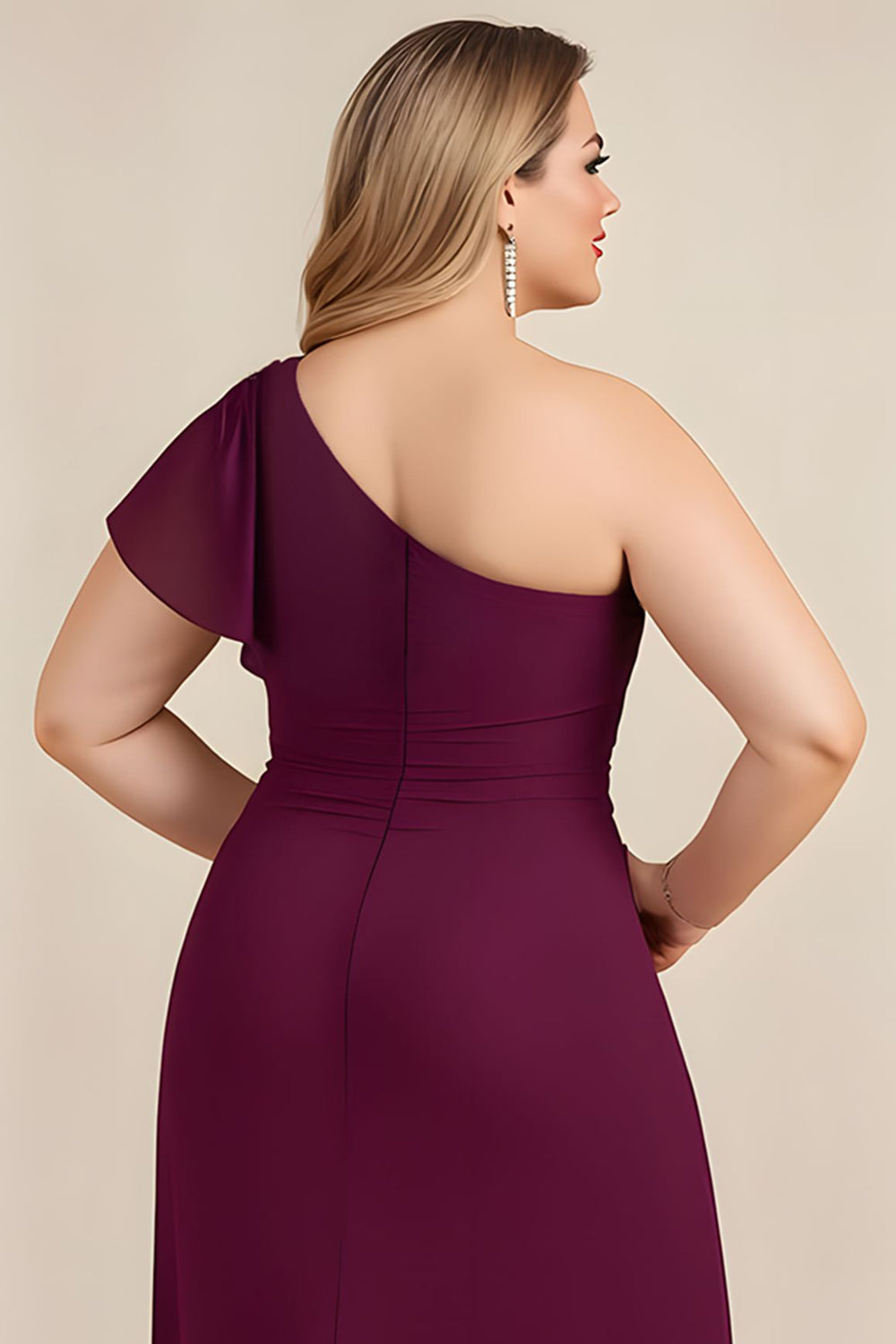 Plus Size Burgundy Ruched Sheath One Shoulder Long Mother of the Bride Dress