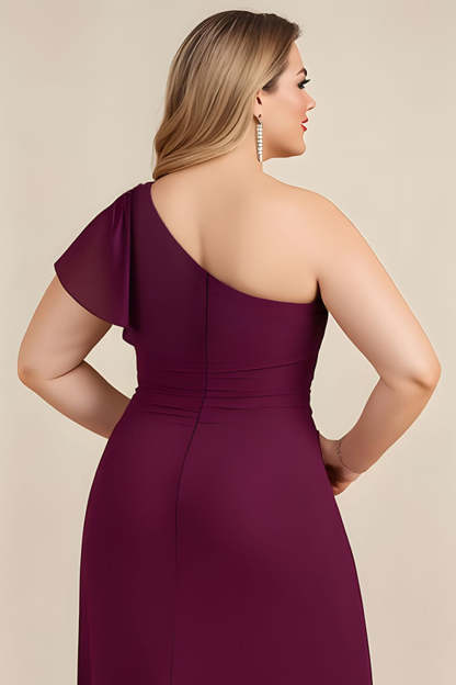 Plus Size Burgundy Ruched Sheath One Shoulder Long Mother of the Bride Dress