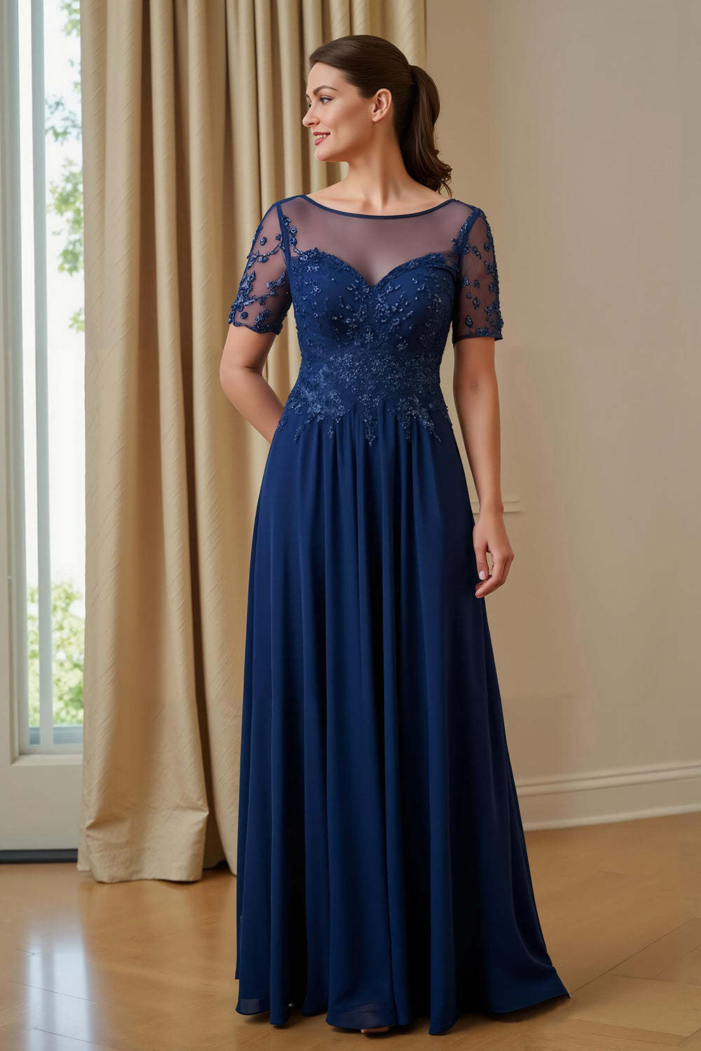 Leely Women Navy Chiffon A Line Long Mother of the Bride Dress with Lace Illusion Boat Neck Appliqued Wedding Guest Dress with Sleeves