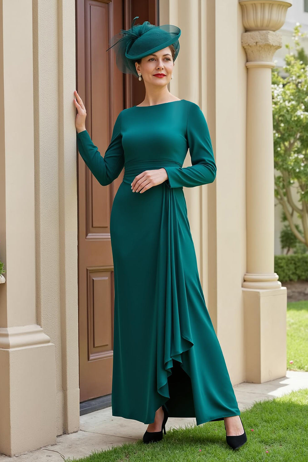 Leely Women Dark Green Sheath Long Sleeves Mother of the Bride Dress with Ruffles Ruched Bateau Neck Wedding Guest Dress