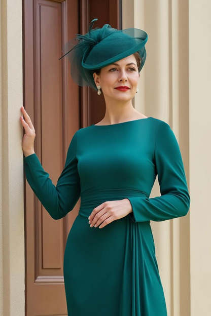 Dark Green Sheath Boat Neck Long Sleeves Mother of the Bride Dress with Ruffles