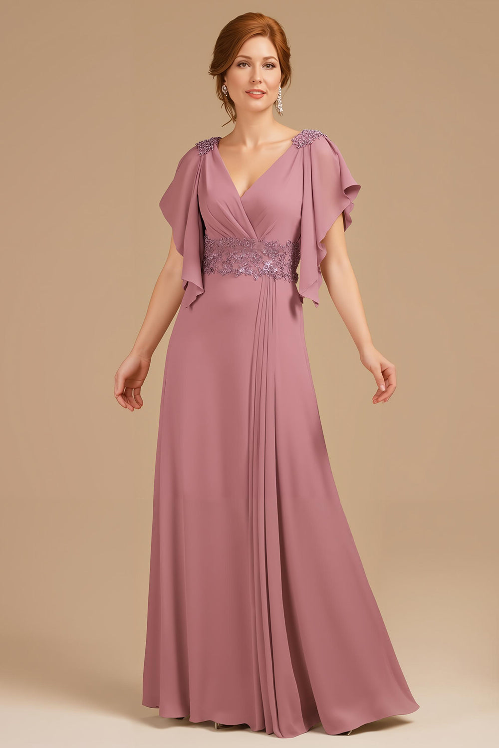 Grape Appliqued V-Neck A Line Long Mother of the Bride Dress with Ruffles