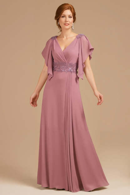 Grape Appliqued V-Neck A Line Long Mother of the Bride Dress with Ruffles