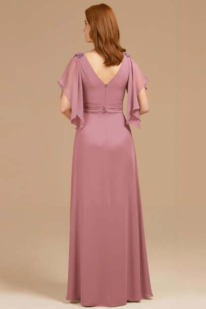 Grape Appliqued V-Neck A Line Long Mother of the Bride Dress with Ruffles