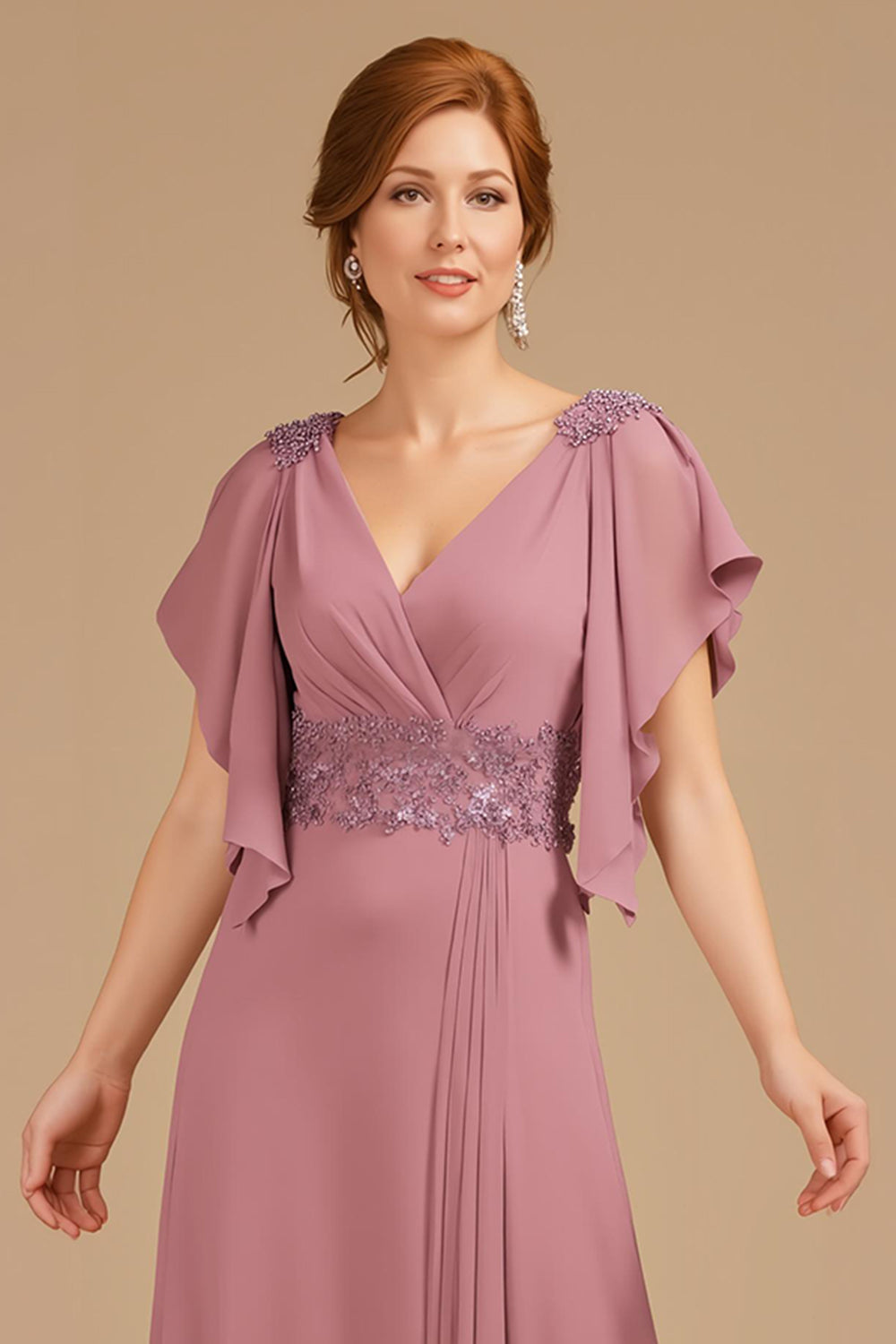 Grape Appliqued V-Neck A Line Long Mother of the Bride Dress with Ruffles