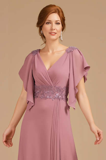Grape Appliqued V-Neck A Line Long Mother of the Bride Dress with Ruffles