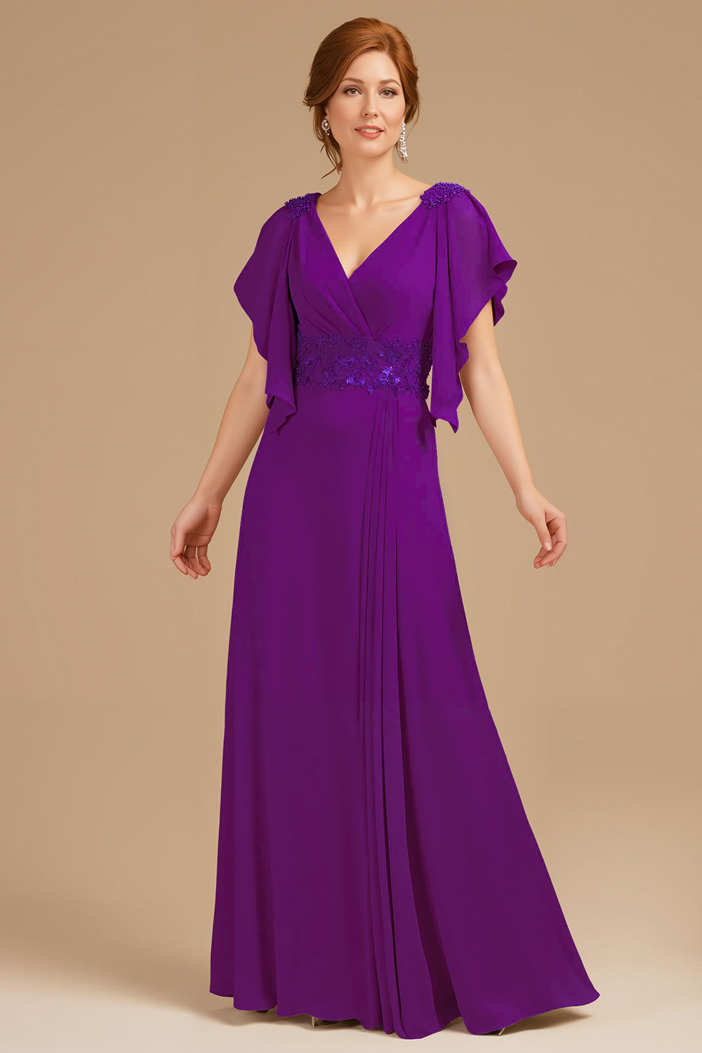 Leely Women Dark Grape V-Neck Chiffon Long Mother of the Bride Dress with Ruffles A Line Appliqued Wedding Guest Dress with Sleeves