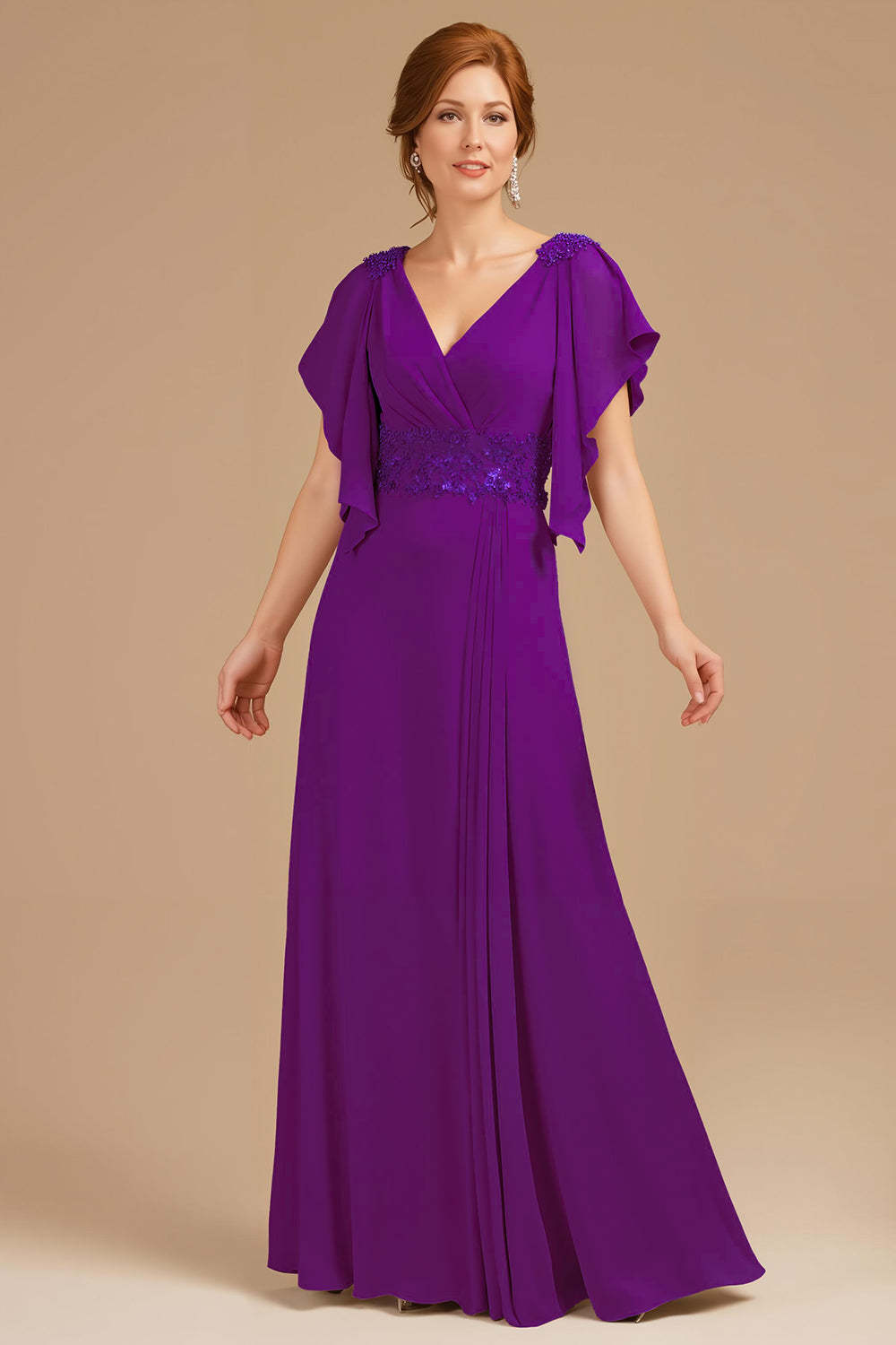 Leely Women Dark Grape V-Neck Chiffon Long Mother of the Bride Dress with Ruffles A Line Appliqued Wedding Guest Dress with Sleeves