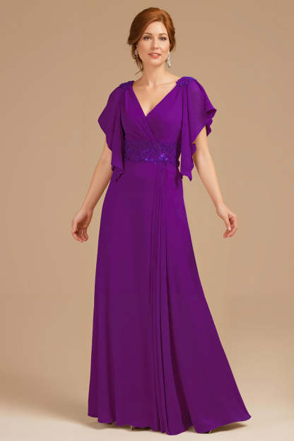 Leely Women Dark Grape V-Neck Chiffon Long Mother of the Bride Dress with Ruffles A Line Appliqued Wedding Guest Dress with Sleeves