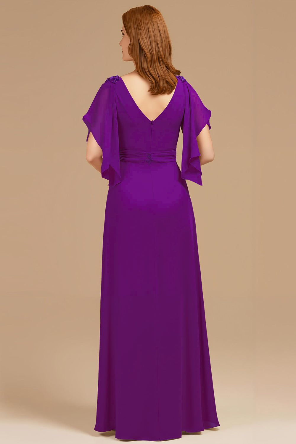 Grape Appliqued V-Neck A Line Long Mother of the Bride Dress with Ruffles