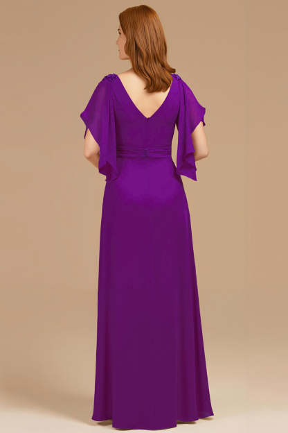 Grape Appliqued V-Neck A Line Long Mother of the Bride Dress with Ruffles
