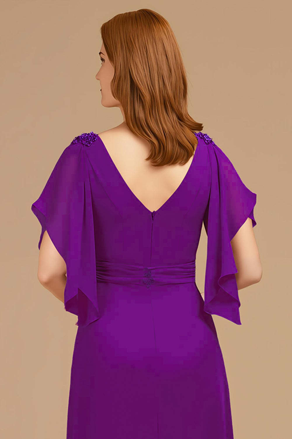 Grape Appliqued V-Neck A Line Long Mother of the Bride Dress with Ruffles