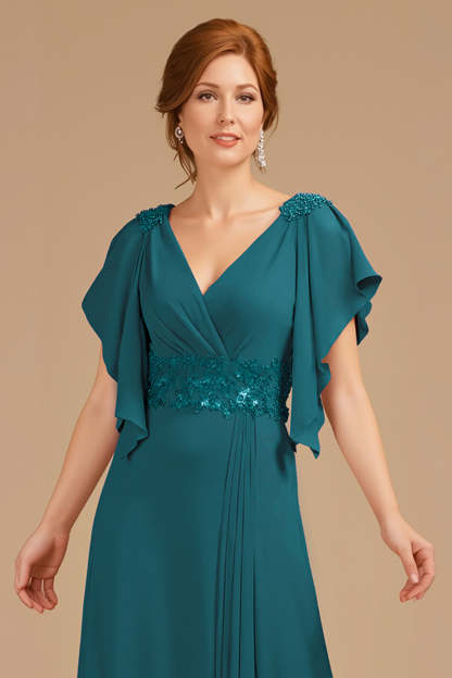 Grape Appliqued V-Neck A Line Long Mother of the Bride Dress with Ruffles