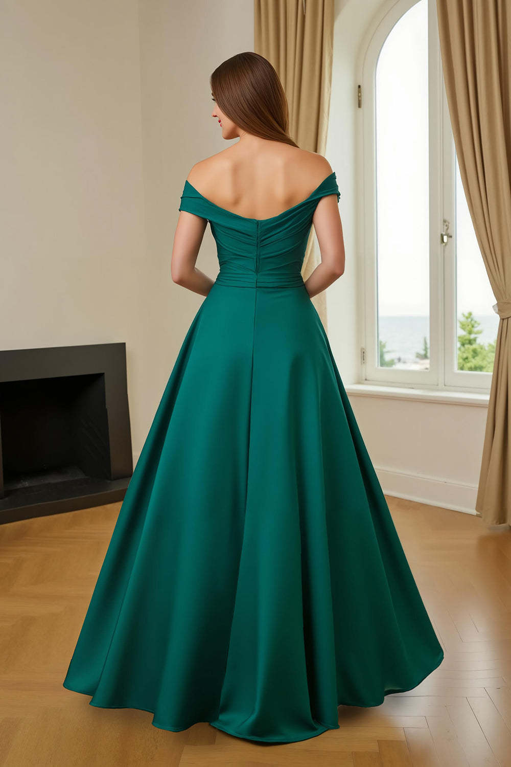 Dark Green Ruched Satin A Line Off the Shoulder Long Mother of the Bride Dress