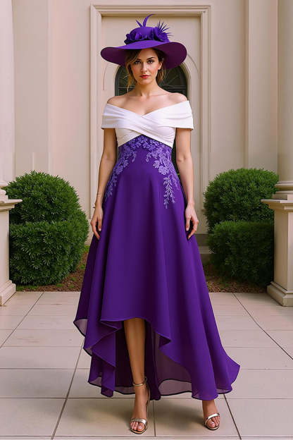Leely Women Purple Chiffon Asymmetrical Mother of the Bride Dress with Appliques A Line Off the Shoulder Wedding Guest Dress