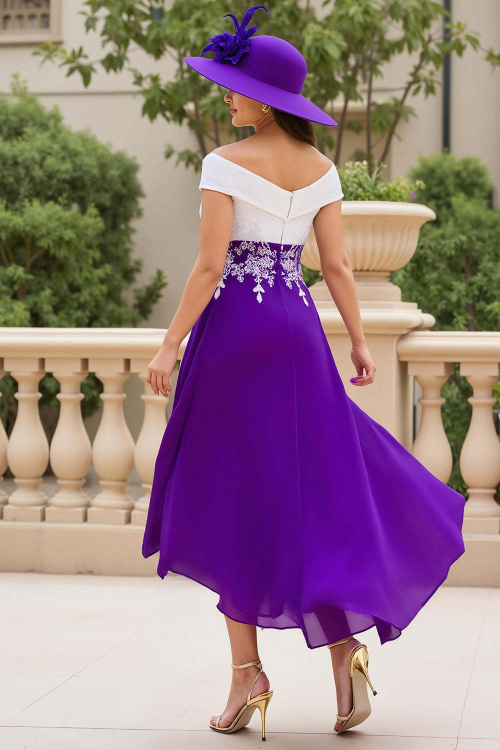 Purple White Chiffon A Line High Low Mother of the Bride Dress with Appliques
