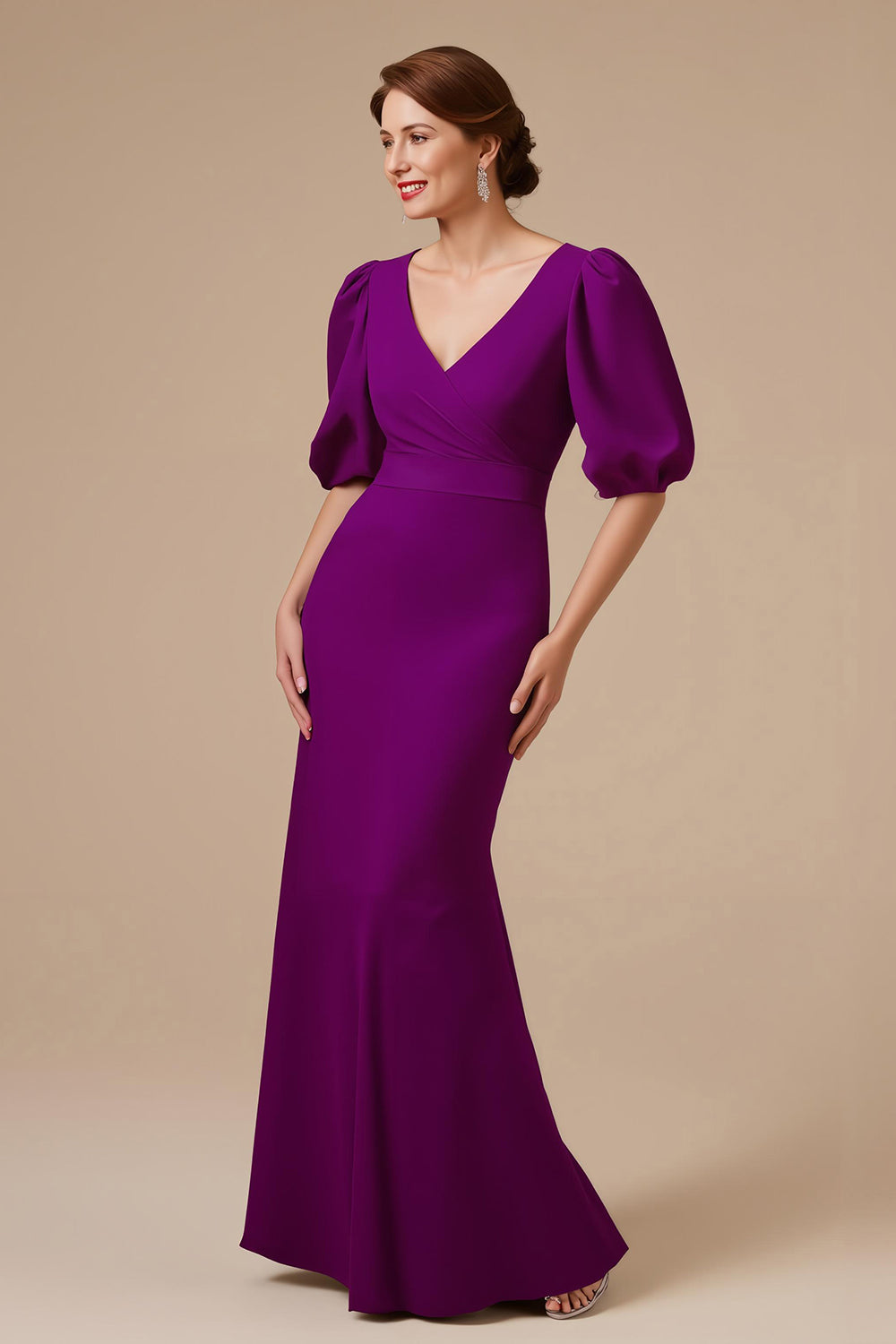 Grape Mermaid V-Neck Satin Long Mother of the Bride Dress with Sleeves