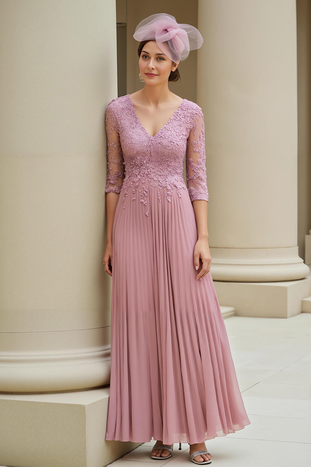 Dusty Rose Appliqued V-Neck Pleated Long Mother of the Bride Dress with Sleeves