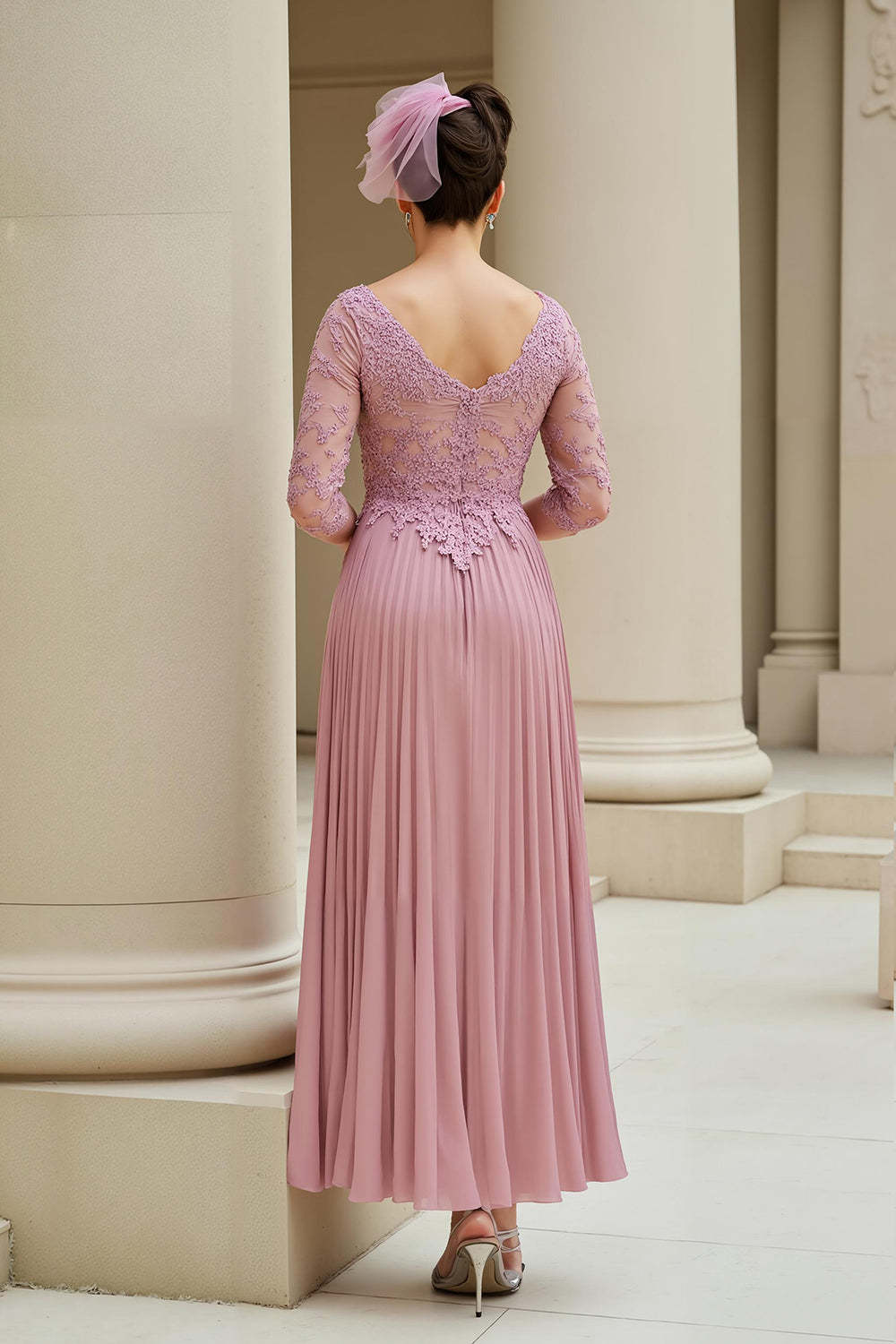 Dusty Rose Appliqued V-Neck Pleated Long Mother of the Bride Dress with Sleeves