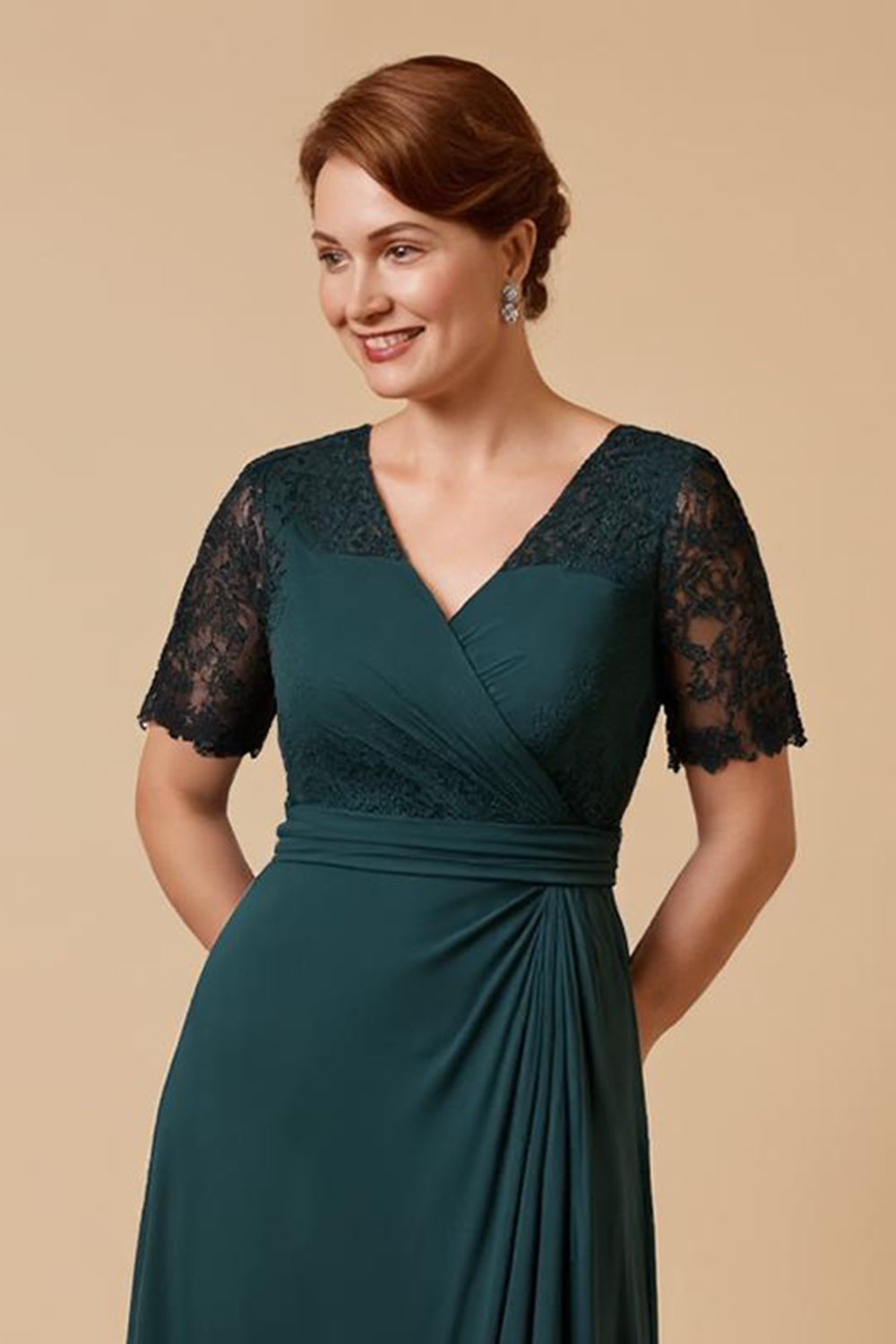 Pine Sheath V-Neck Ruched Maxi Mother of the Bride Dress with Sleeves
