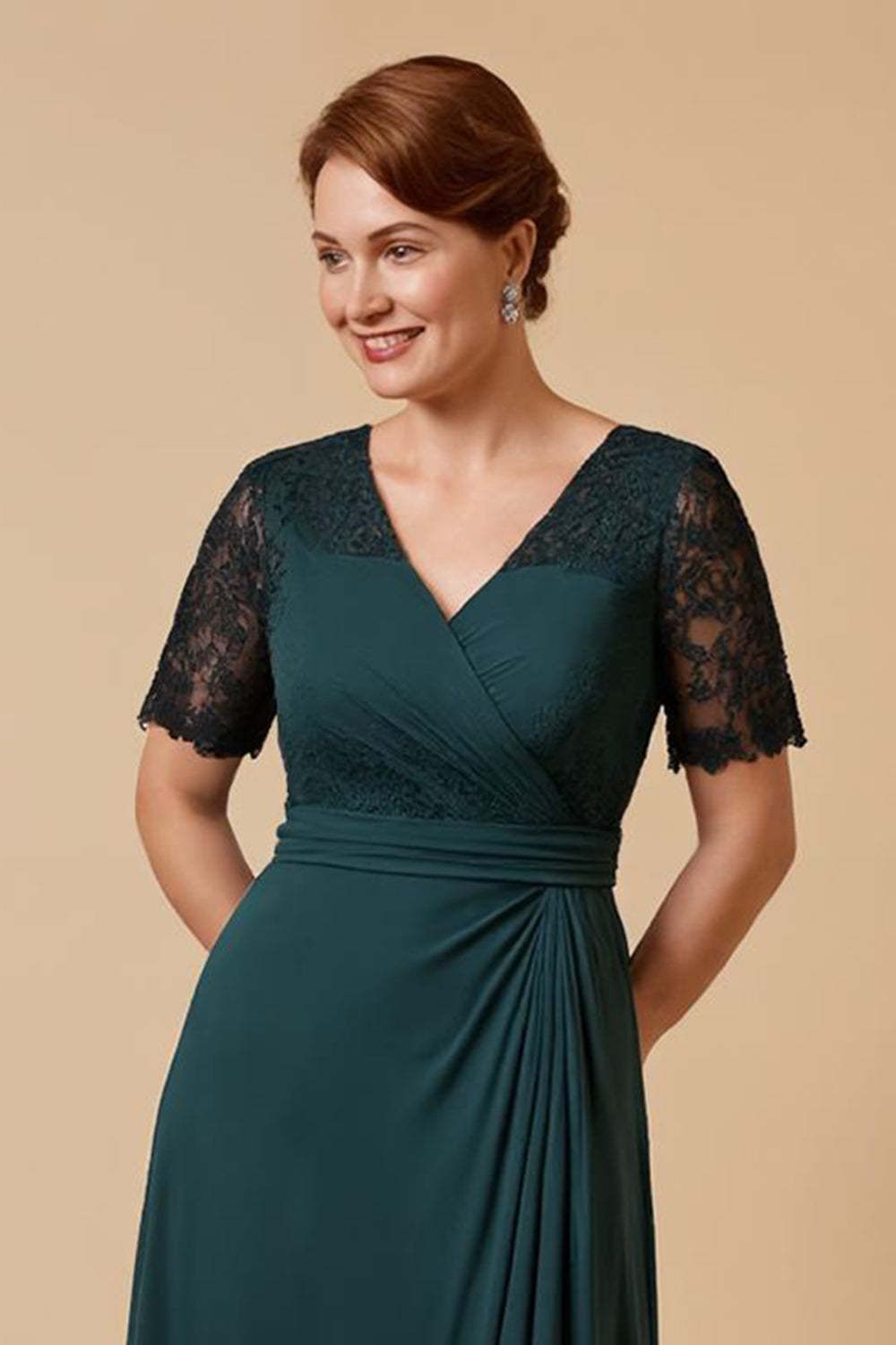 Pine Sheath V-Neck Ruched Maxi Mother of the Bride Dress with Sleeves