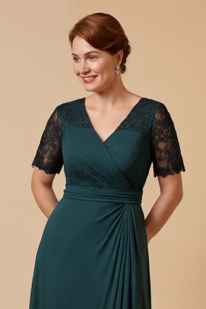 Pine Sheath V-Neck Ruched Maxi Mother of the Bride Dress with Sleeves