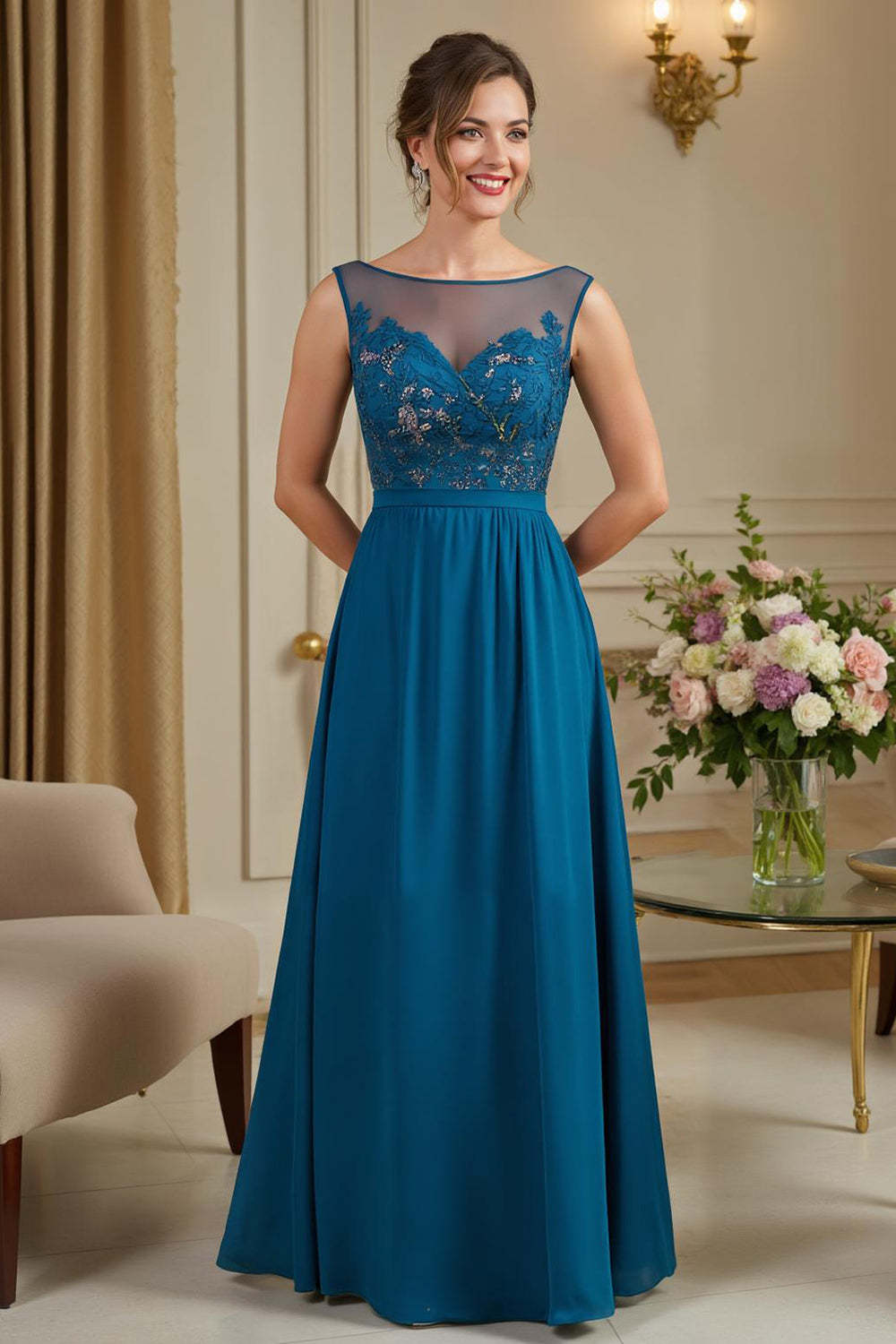 Leely Women Peacock Blue Long A Line Mother of the Bride Dress with Appliques Illusion Boat Neck Wedding Guest Dress
