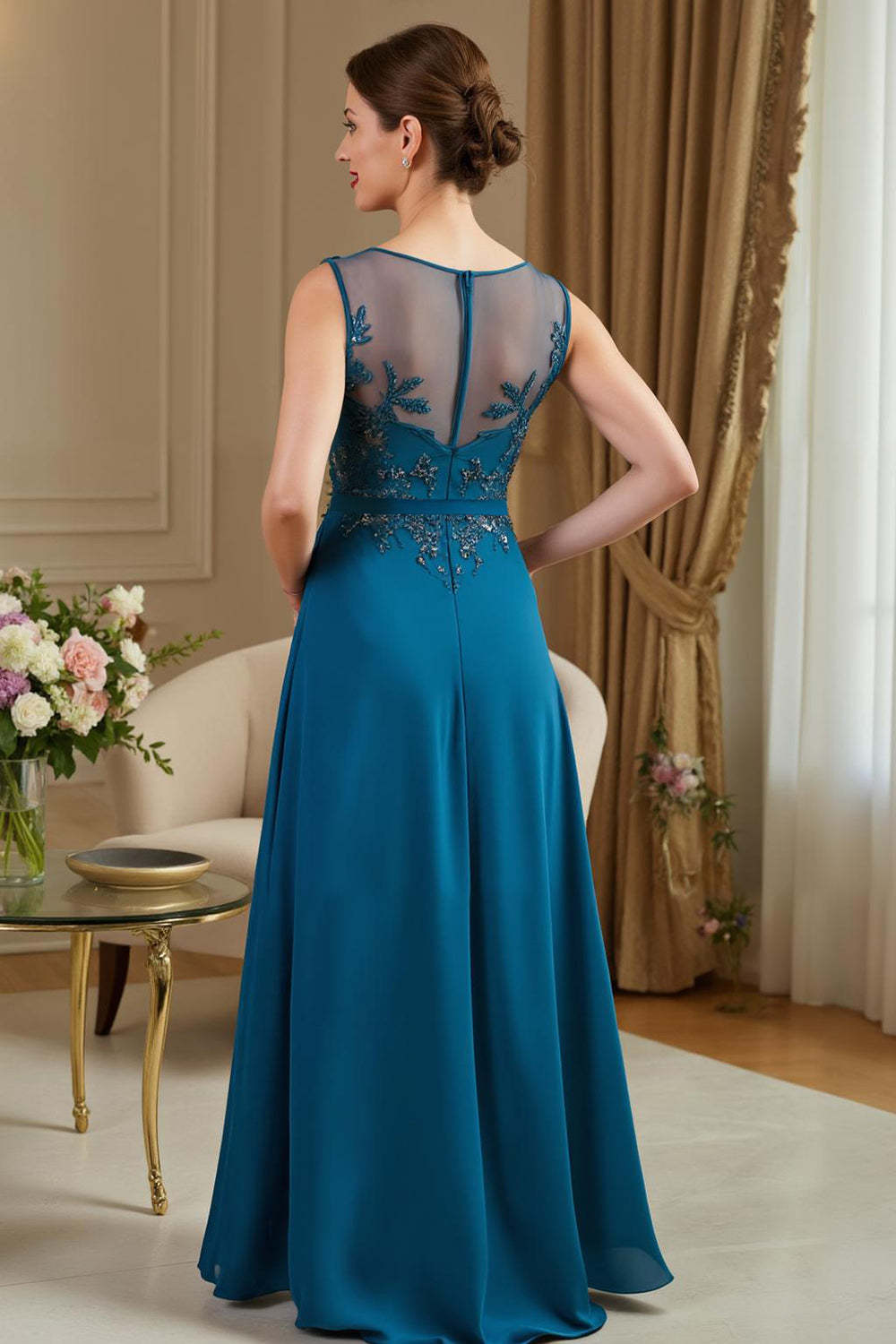 Peacock Blue Illusion Boat Neck A Line Long Mother of the Bride Dress with Appliques