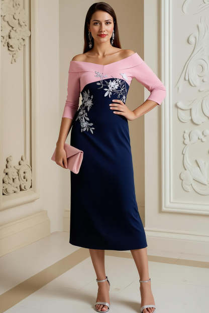 Leely Women Navy Sheath Satin Midi Mother of the Bride Dress with Appliques Off the Shoulder Wedding Guest Dress with Sleeves