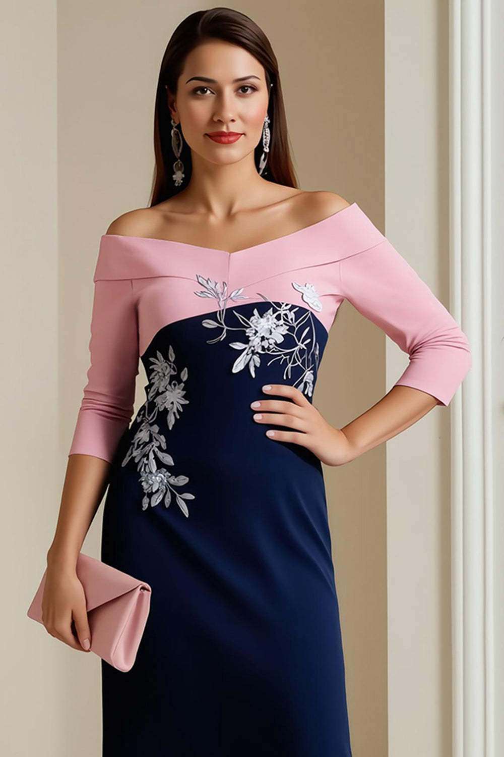 Navy Pink Sheath Satin Off the Shoulder Midi Mother of the Bride Dress with Appliques