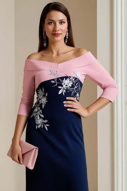 Navy Pink Sheath Satin Off the Shoulder Midi Mother of the Bride Dress with Appliques