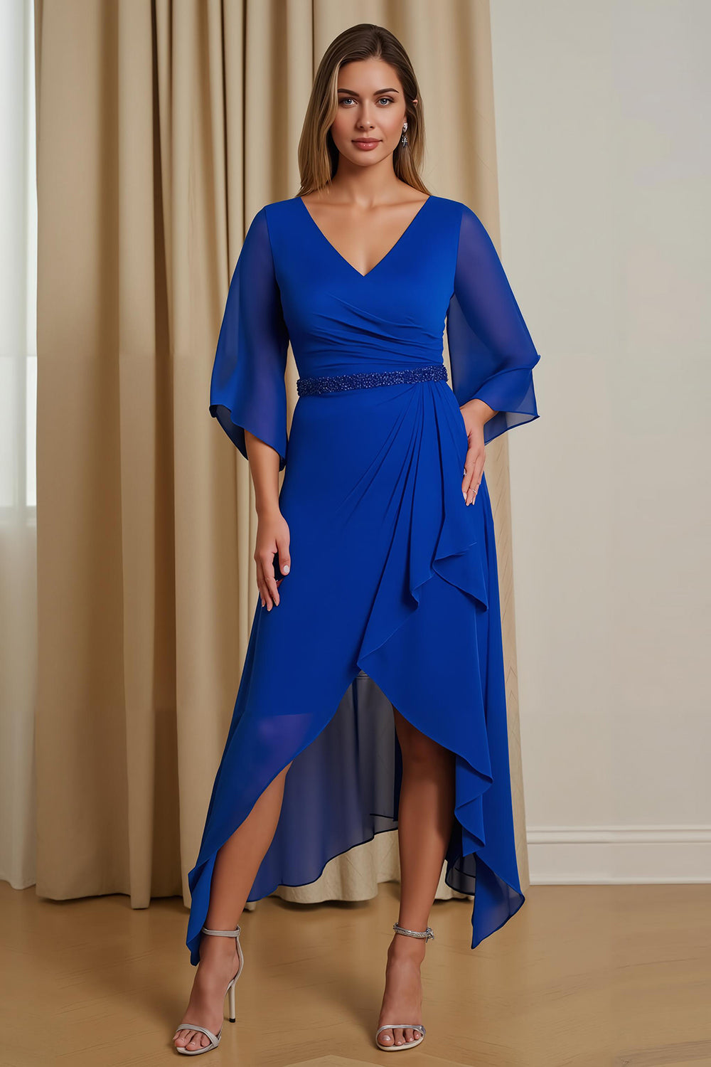 Royal Blue Asymmetrical Ruched Mother of the Bride Dress with Sleeves