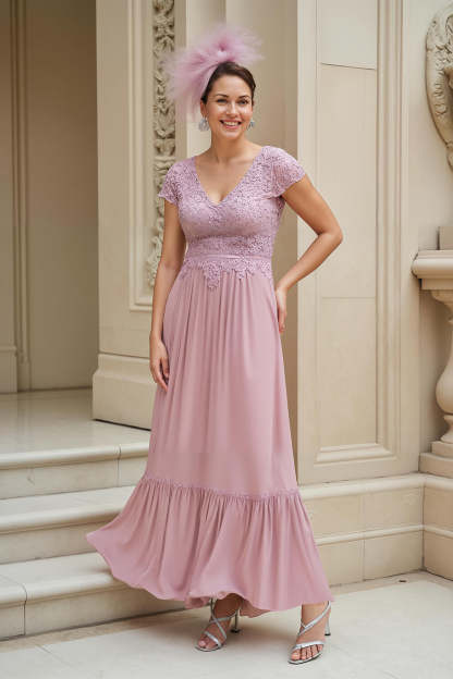 Leely Women Dusty Rose Chiffon Long Mother of the Bride Dress with Lace V-Neck Ruched Wedding Guest Dress with Sleeves