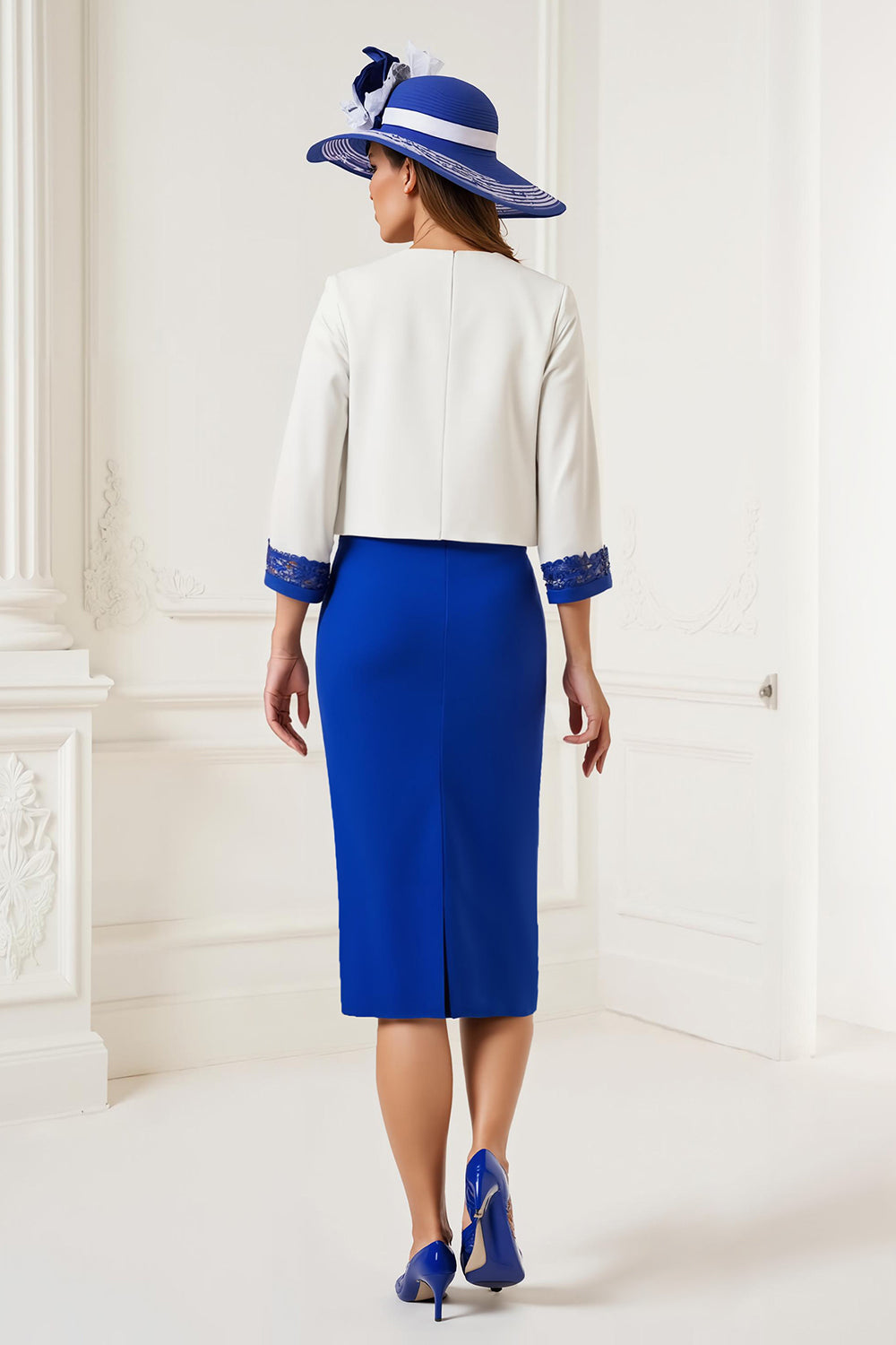 Royal Blue White Sheath Round Neck 2 Piece Midi Mother of the Bride Suits