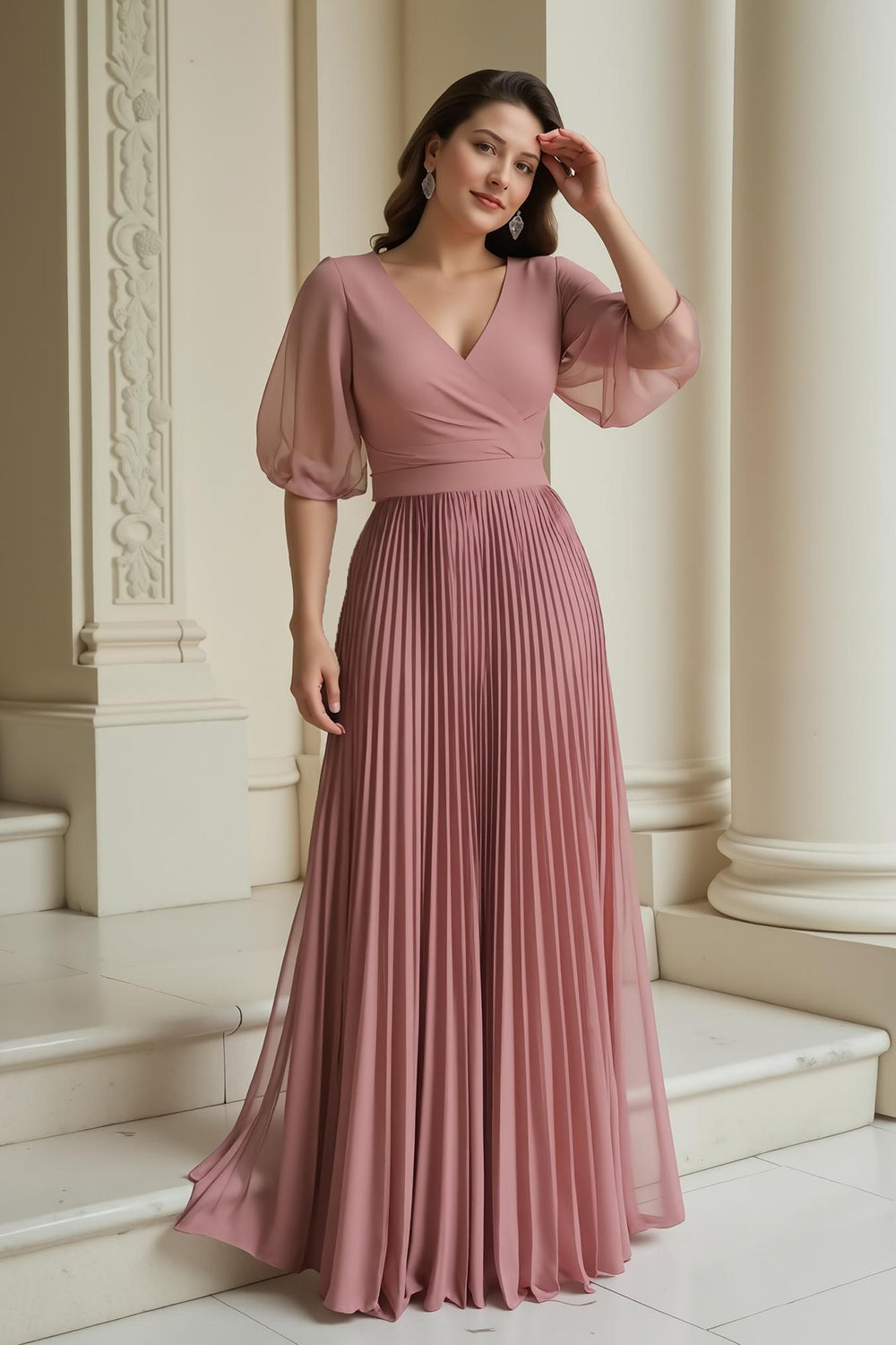 Dusty Rose Pleated V-Neck Chiffon Long Mother of the Bride Dress with Sleeves