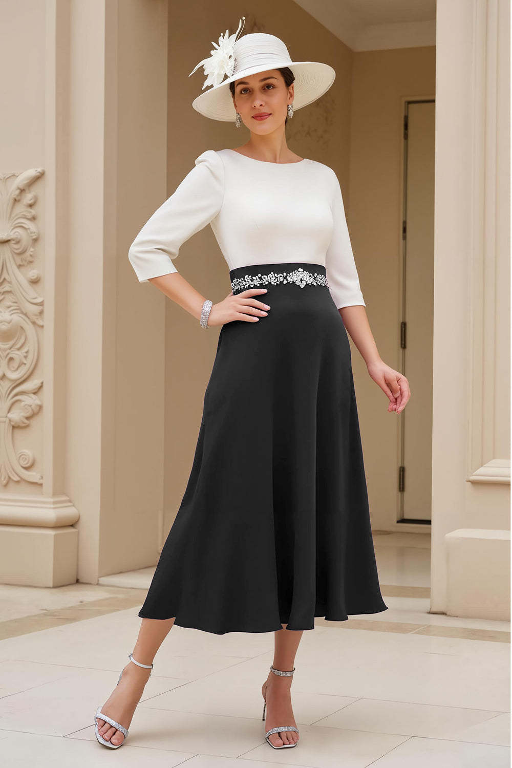 Black White Chiffon Boat Neck A Line Maxi Mother of the Bride Dress with Sleeves