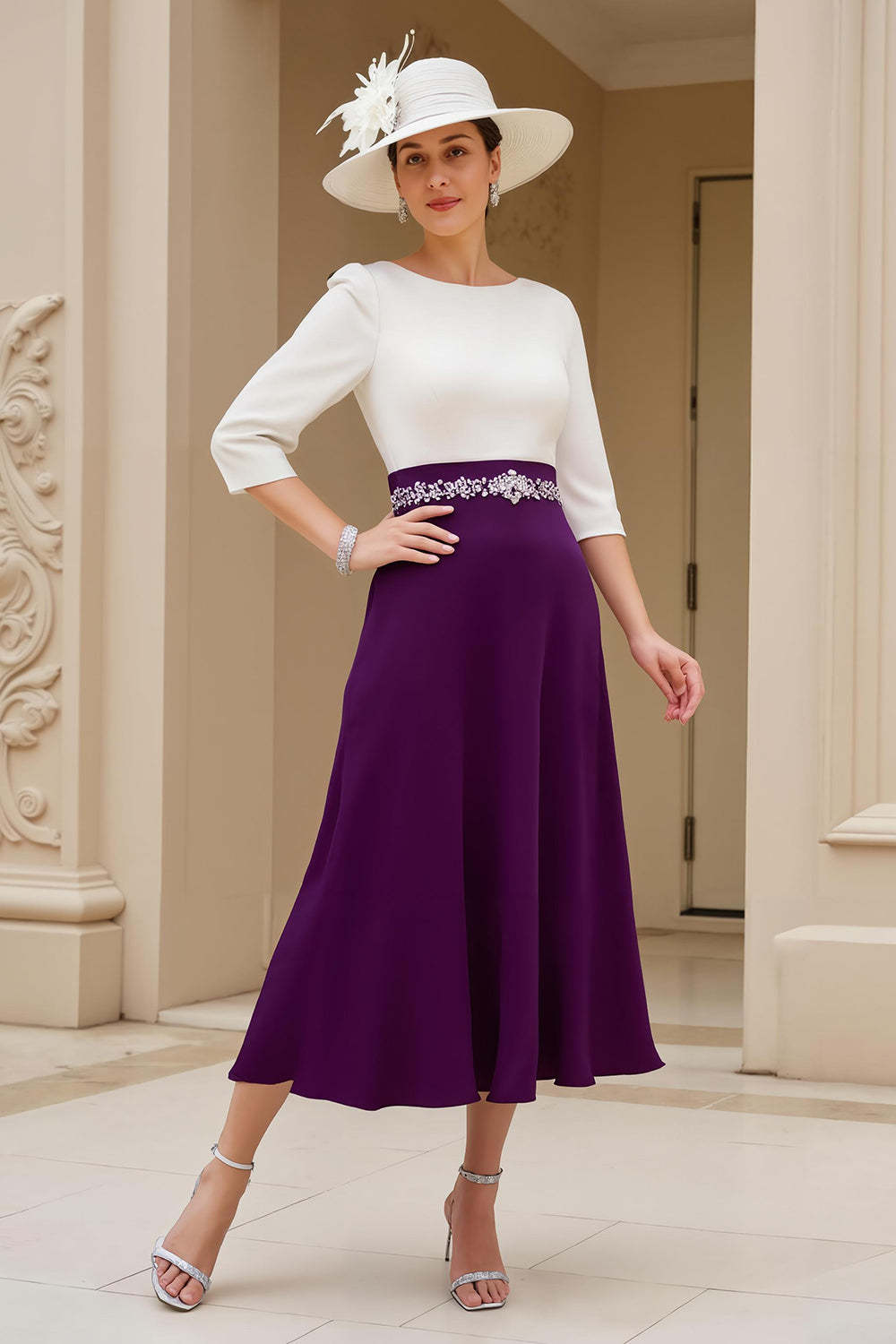 Leely Women Black Chiffon Maxi Mother of the Bride Dress with Sleeves Boat Neck Wedding Guest Dress with Beading