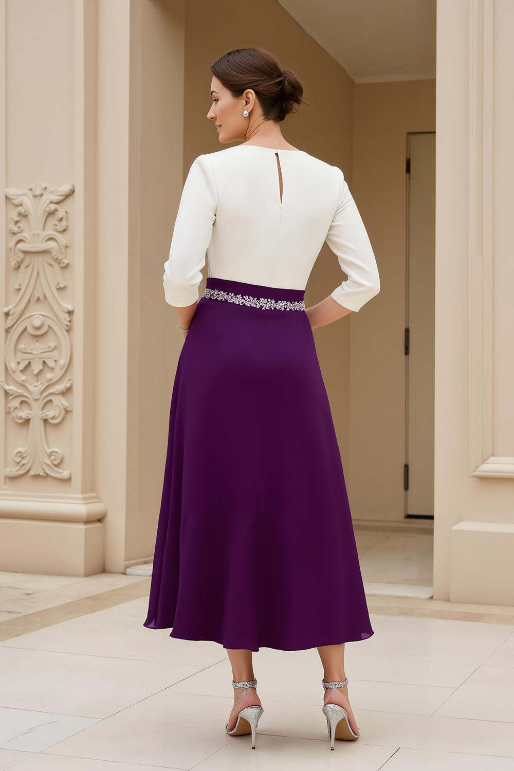 Black White Chiffon Boat Neck A Line Maxi Mother of the Bride Dress with Sleeves