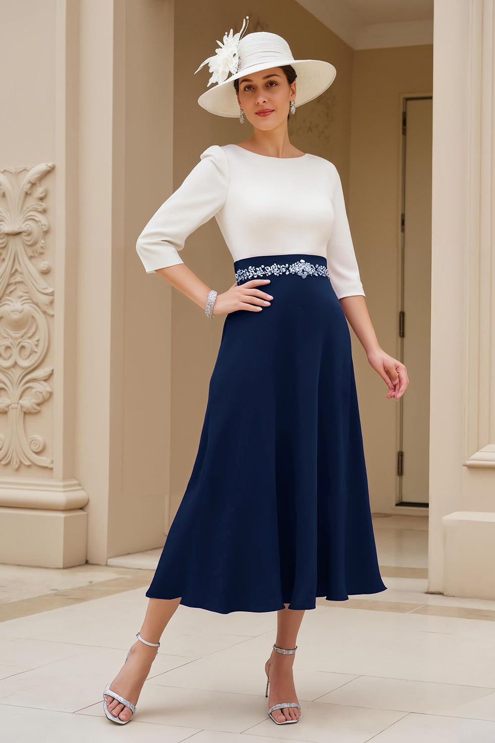 Black White Chiffon Boat Neck A Line Maxi Mother of the Bride Dress with Sleeves