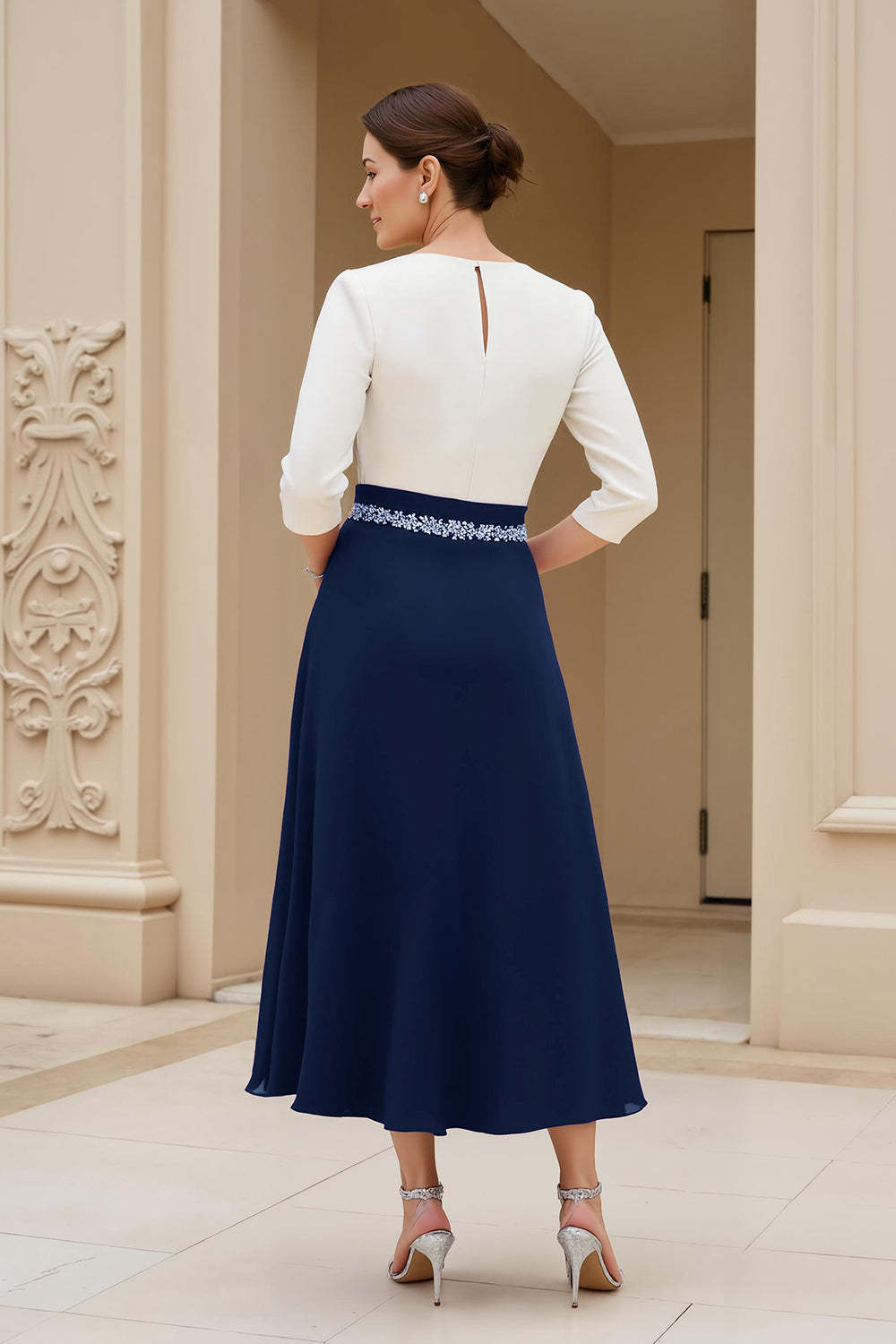 Black White Chiffon Boat Neck A Line Maxi Mother of the Bride Dress with Sleeves