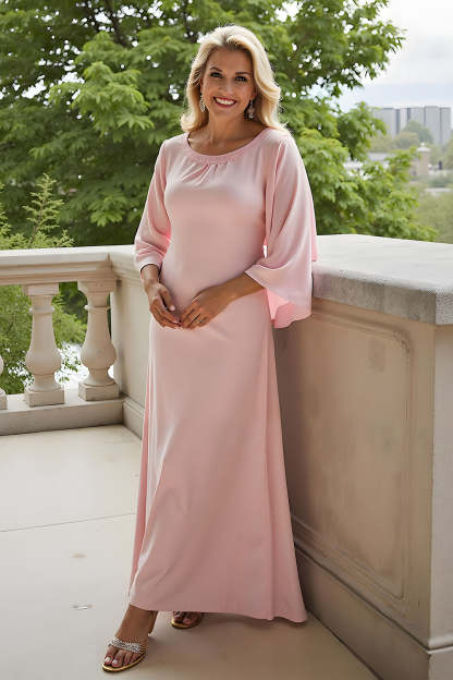 Leely Women Candy Pink Sheath Long Mother of the Bride Dress with Sleeves Chiffon Round Neck Wedding Guest Dress