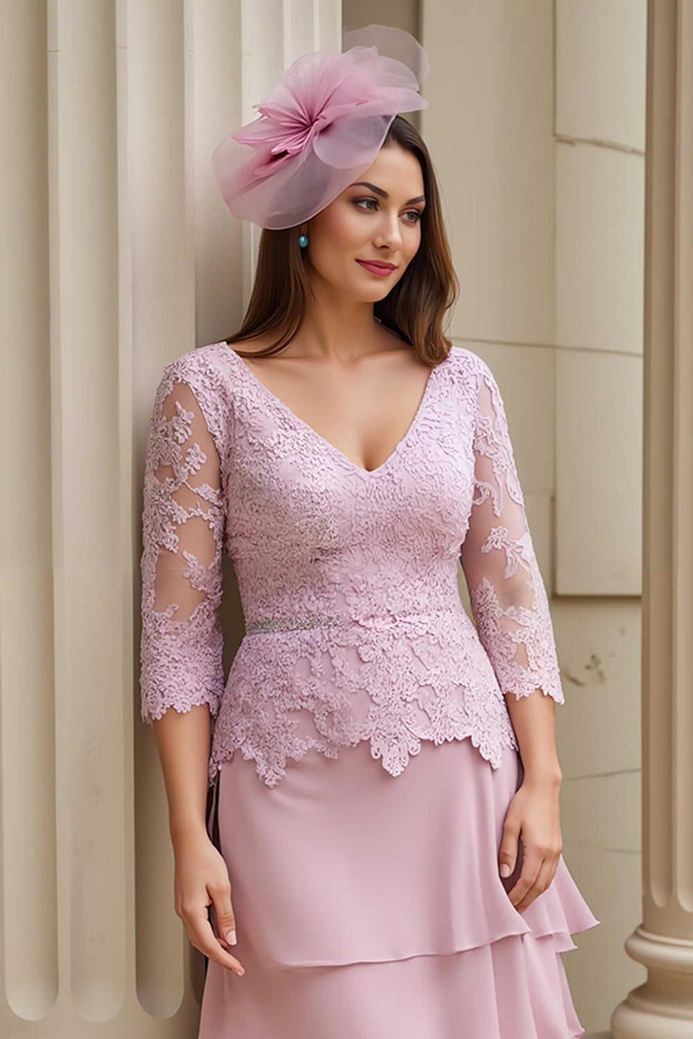 Blush Appliqued Tiered V-Neck Long Mother of the Bride Dress with Sleeves