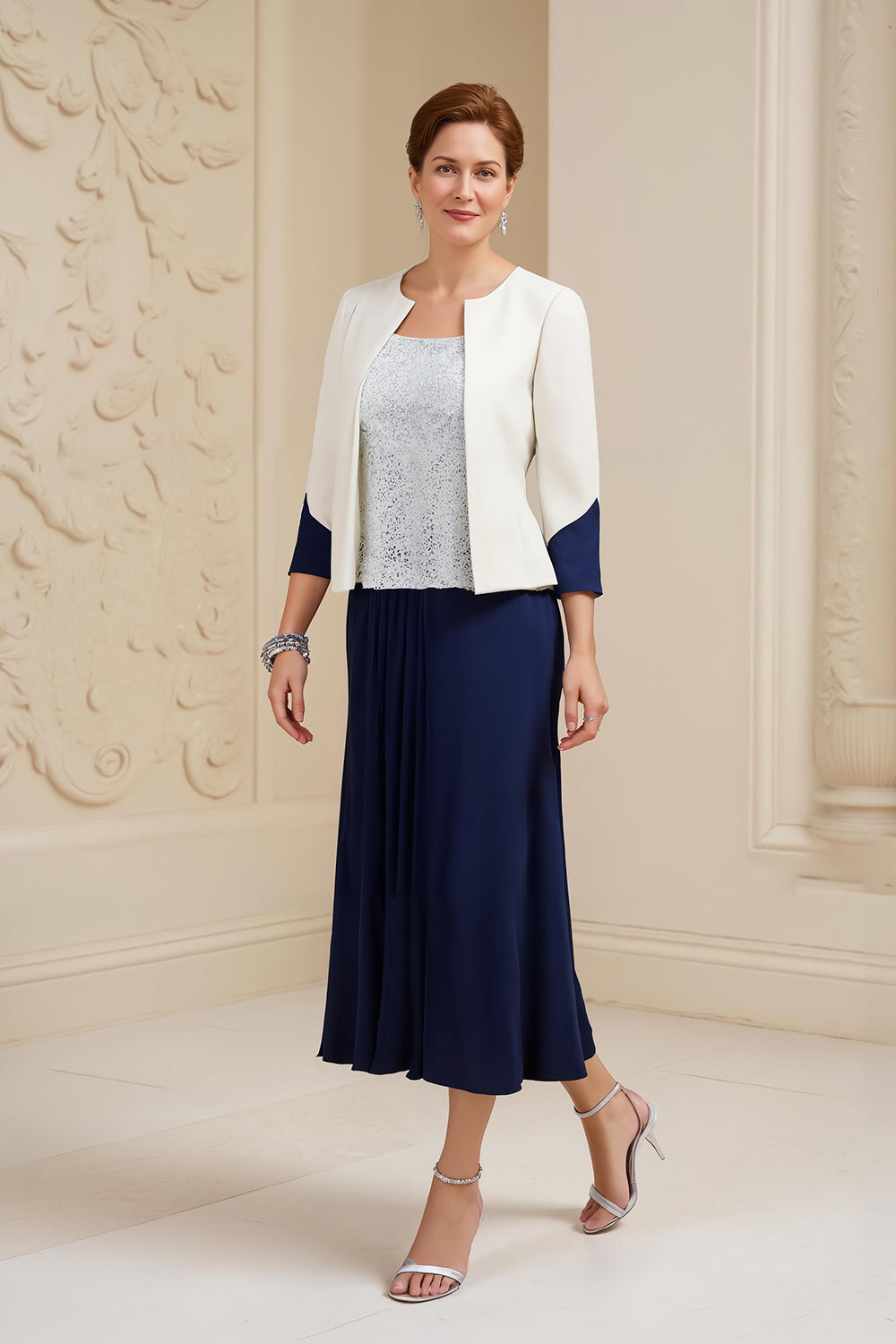 Navy and White 3 Piece Long Mother of the Bride Outfits with Sleeves