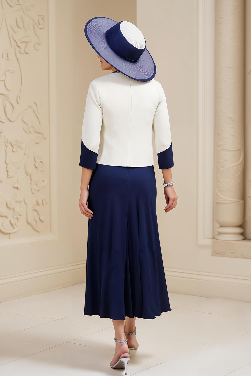 Navy and White 3 Piece Long Mother of the Bride Outfits with Sleeves