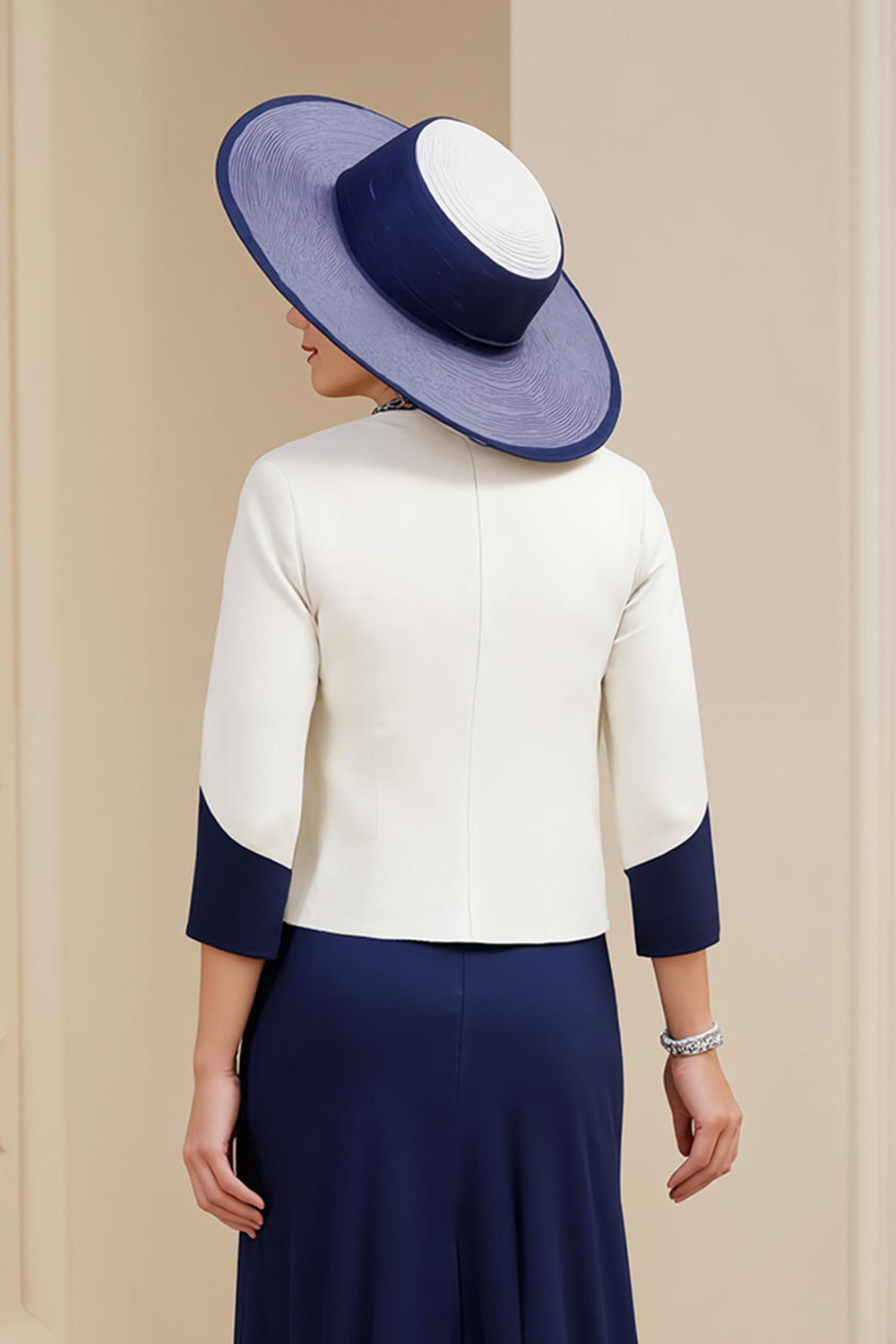 Navy and White 3 Piece Long Mother of the Bride Outfits with Sleeves